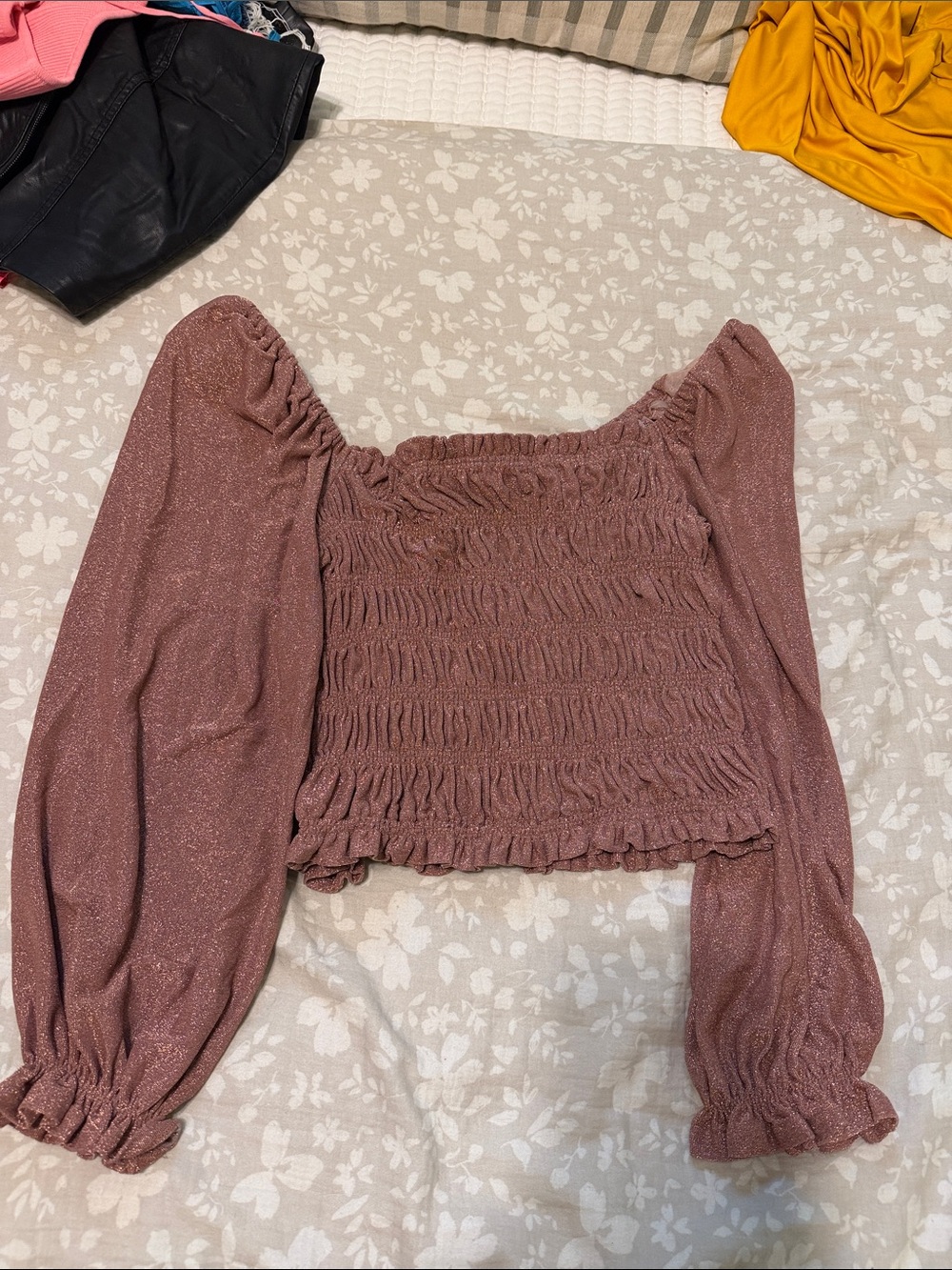 Astr Rose Metallic Smocked Crop Top with Balloon Sleeves